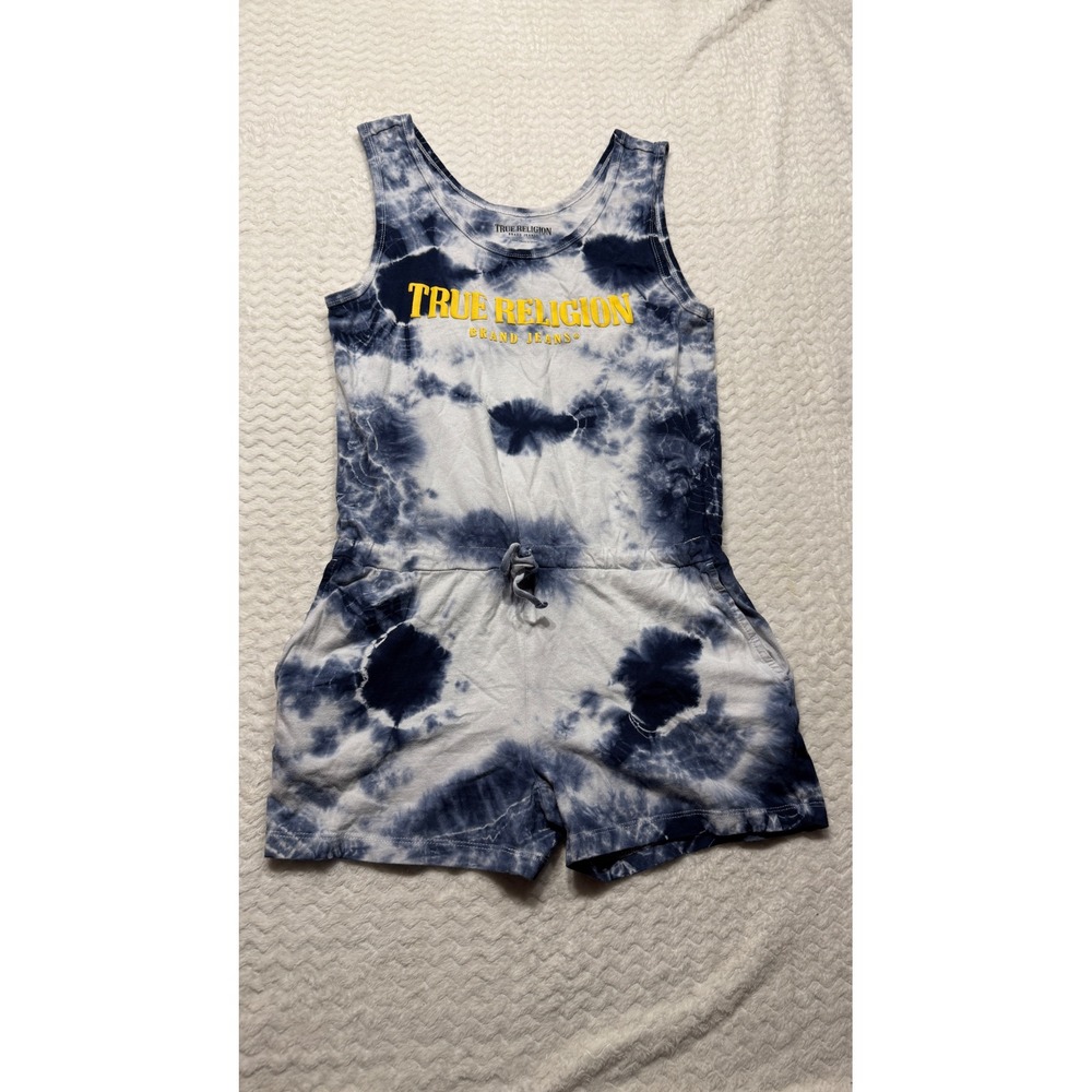True Religion Womens Tie Dye Romper Blue White Yellow Logo Drawstring Large